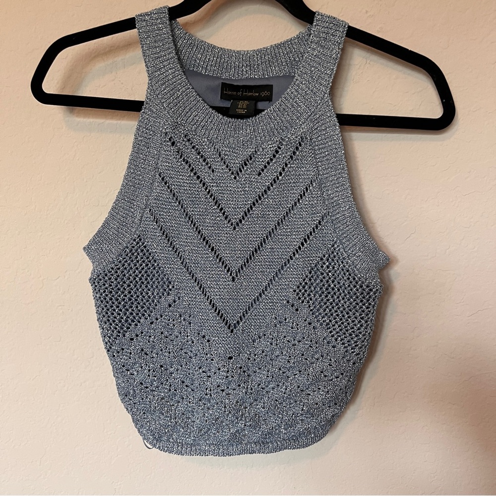 House of Harlow 1960 Sleeveless Sweater XS Crotchet Knit Cropped Blue